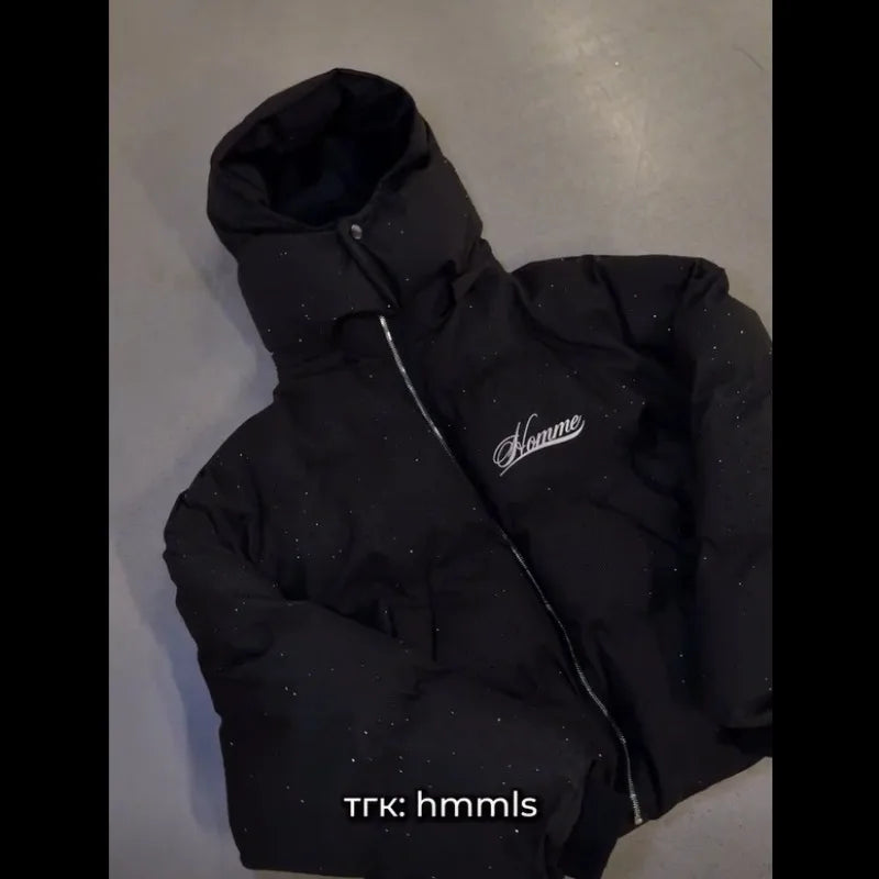 Black hooded puffer jacket with white speckles and homme embroidery in american retro style harajuku winter outerwear casual streetwear