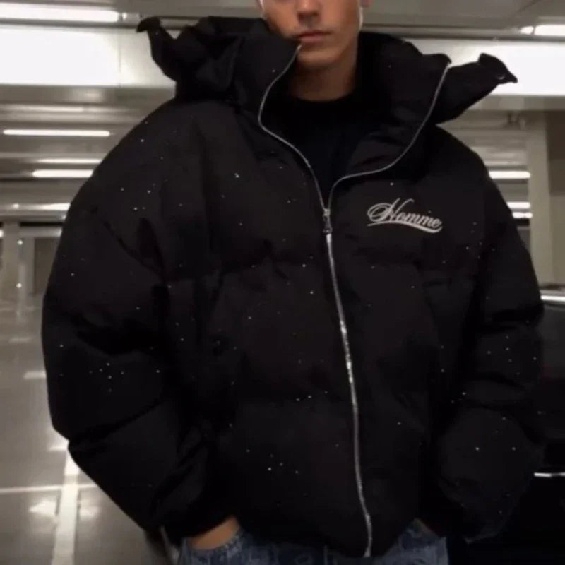 Black puffer jacket with silver zipper and hombre embroidery, hooded harajuku winter outerwear casual streetwear american retro style