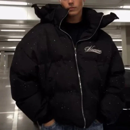 Black puffer jacket with silver zipper and hombre embroidery, hooded harajuku winter outerwear casual streetwear american retro style