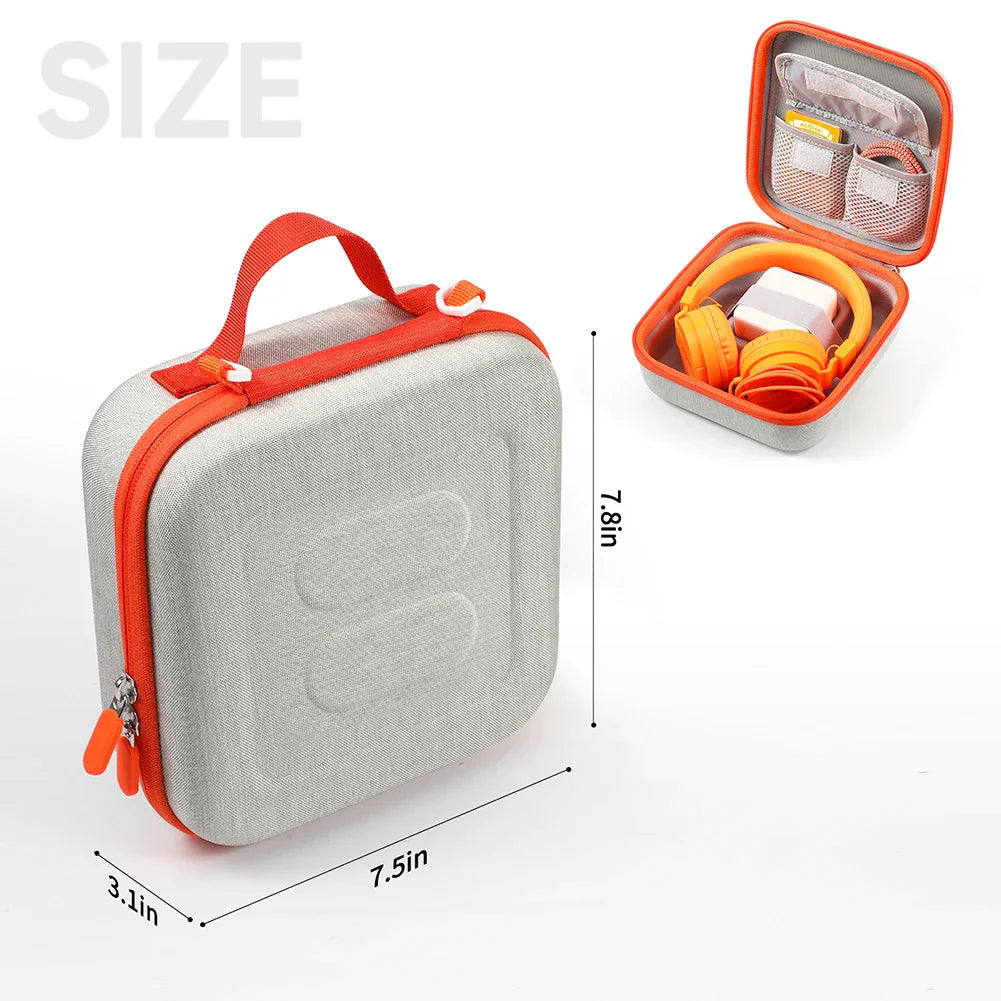 Gray and orange hard-shell yoto mini player carrying case with textured exterior, integrated handle, and zipper closure for kids music players