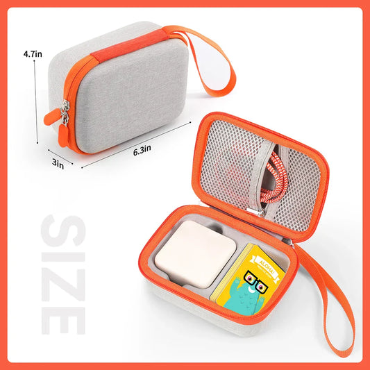 Gray and orange hard carrying case bag with mesh compartments for yoto mini player and kids music players storage