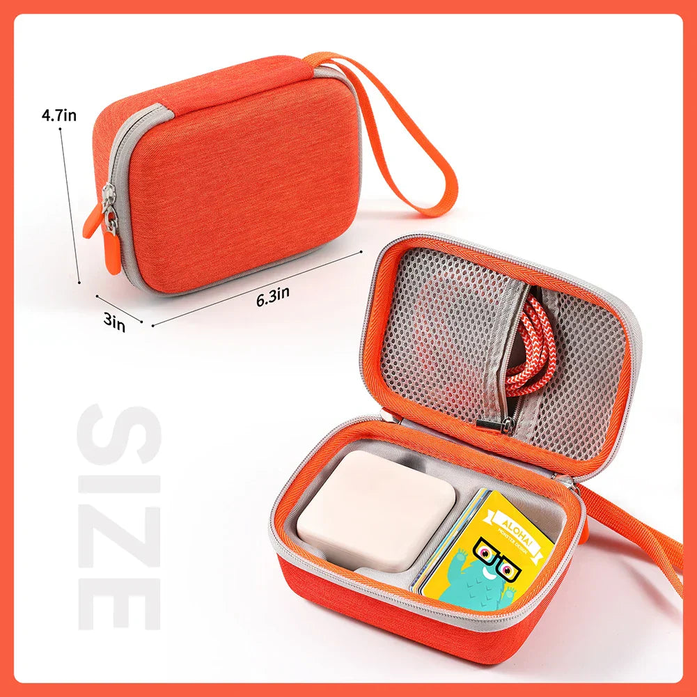 Bright orange hard-shell carrying case bag with gray zipper trim and wrist strap for yoto mini player kids music players