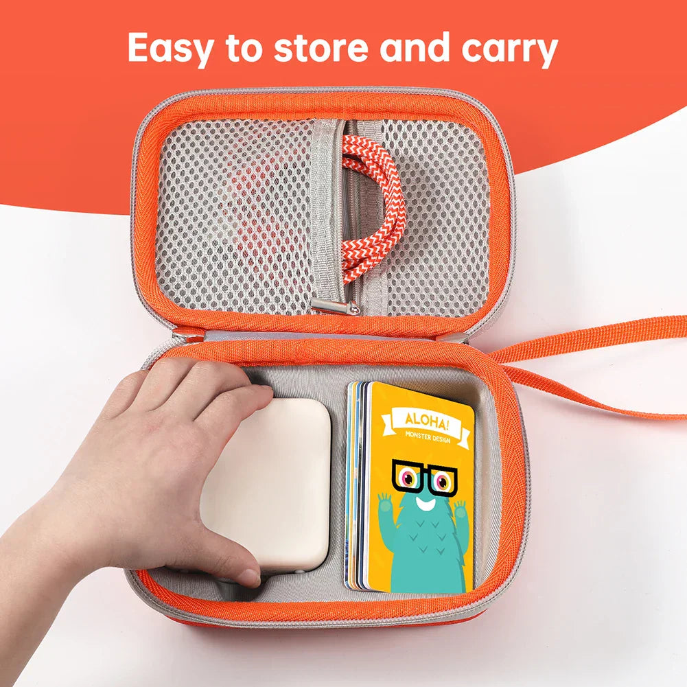 Orange and gray mesh-lined hard carrying case for yoto mini player with detachable shoulder strap for kids music players
