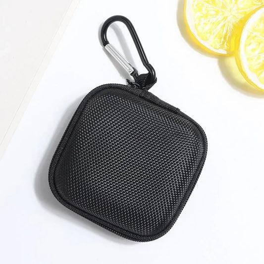 Black textured mesh portable shockproof headphone case with silver carabiner clip for headset storage bag and memory card usb