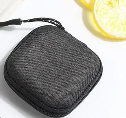 Black textured portable shockproof headphone and earphone accessories case with zipper closure and drawstring handle