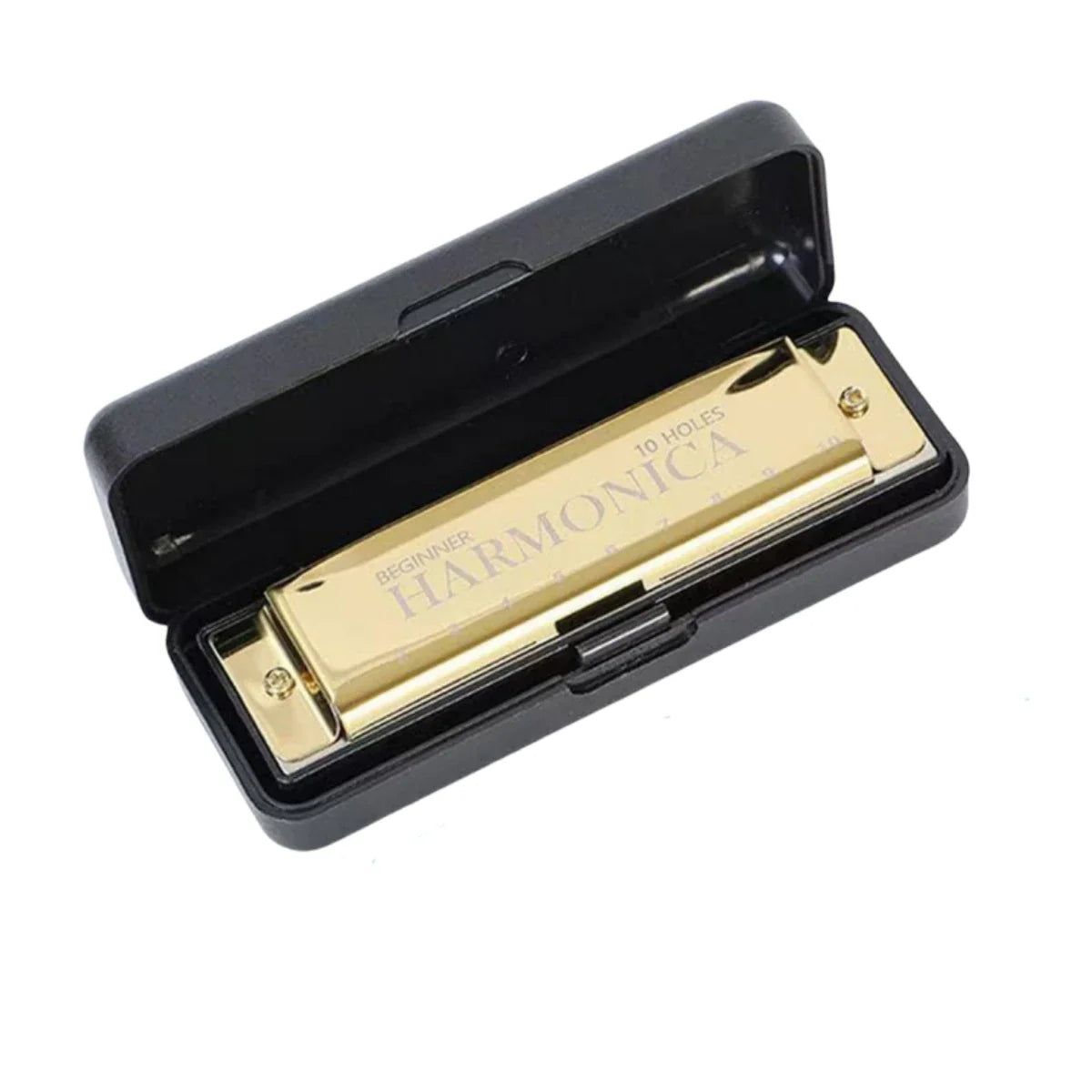 Gold-colored 10 holes diatonic key blues harp mouth harmonica for beginners kids adults in black plastic case