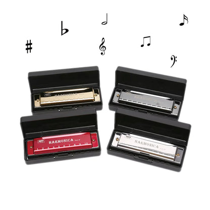 Four black cases each holding a 10 holes diatonic key of c blues harp mouth with gold and red plastic finish for beginners kids adults