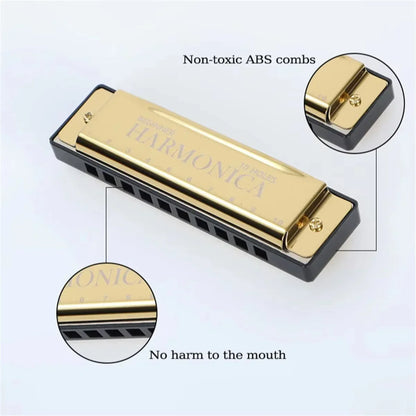 Gold-colored blues harp mouth organ with black casing engraved harmonica branding 10 holes diatonic key for beginners kids adults