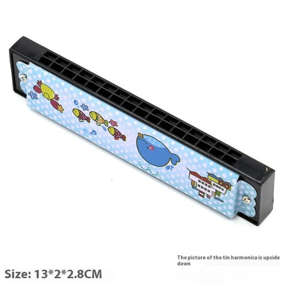 Blue tin harmonica toy with black plastic ends and colorful fish illustrations for preschool children beginner educational musical instrument