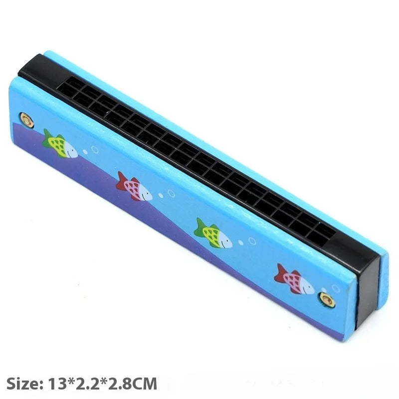 Blue plastic harmonica toy with colorful fish illustrations and black reed plates for preschool children beginner learning