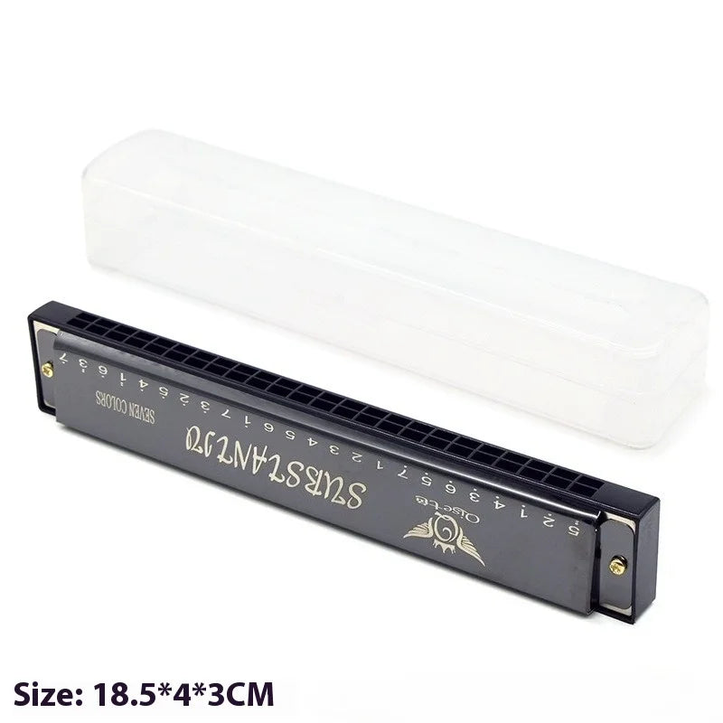 Black harmonica toy with silver lettering and gold emblem in clear plastic case for preschool children beginner learning educational musical instrument