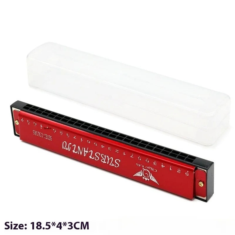 Red susstant 07 harmonica toy with black mouthpiece and silver logo displayed with clear case for preschool children beginner educational musical instrument