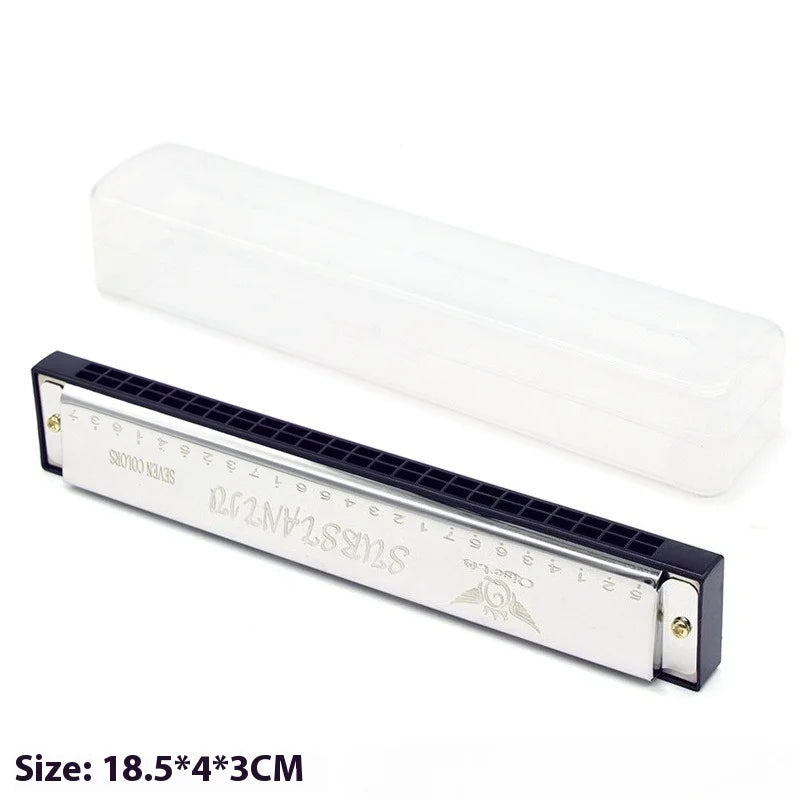 Silver-colored harmonica toy with black mouthpiece and gold-tone screws featuring engraved text and winged logo for preschool children beginner educational musical instrument