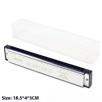 Silver-colored harmonica toy with black mouthpiece and gold-tone screws featuring engraved text and winged logo for preschool children beginner educational musical instrument