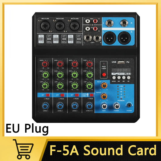 Black and blue f-5a console mixer professional with multiple input jacks knobs and usb port for streaming dj audio