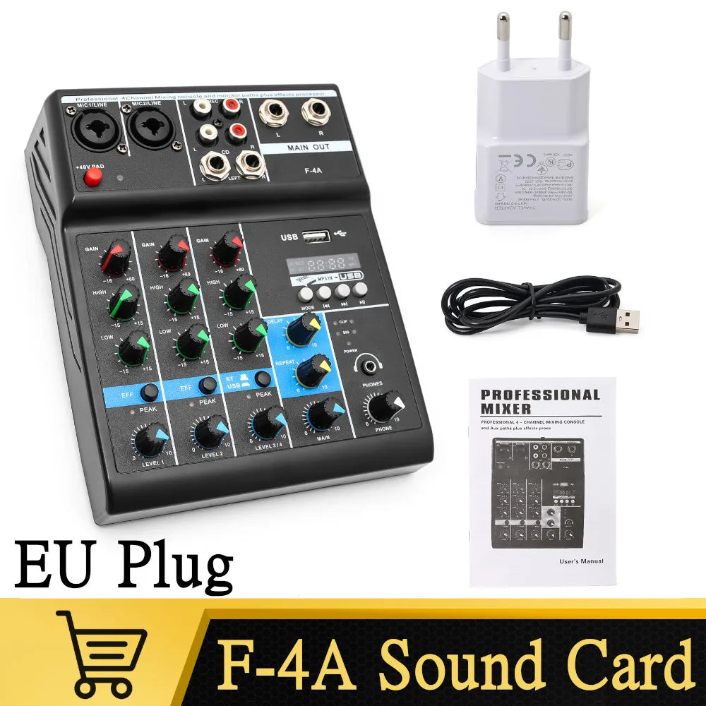 Black f-4a console mixer professional with colorful knobs and digital display for streaming dj audio and channel sound mixer