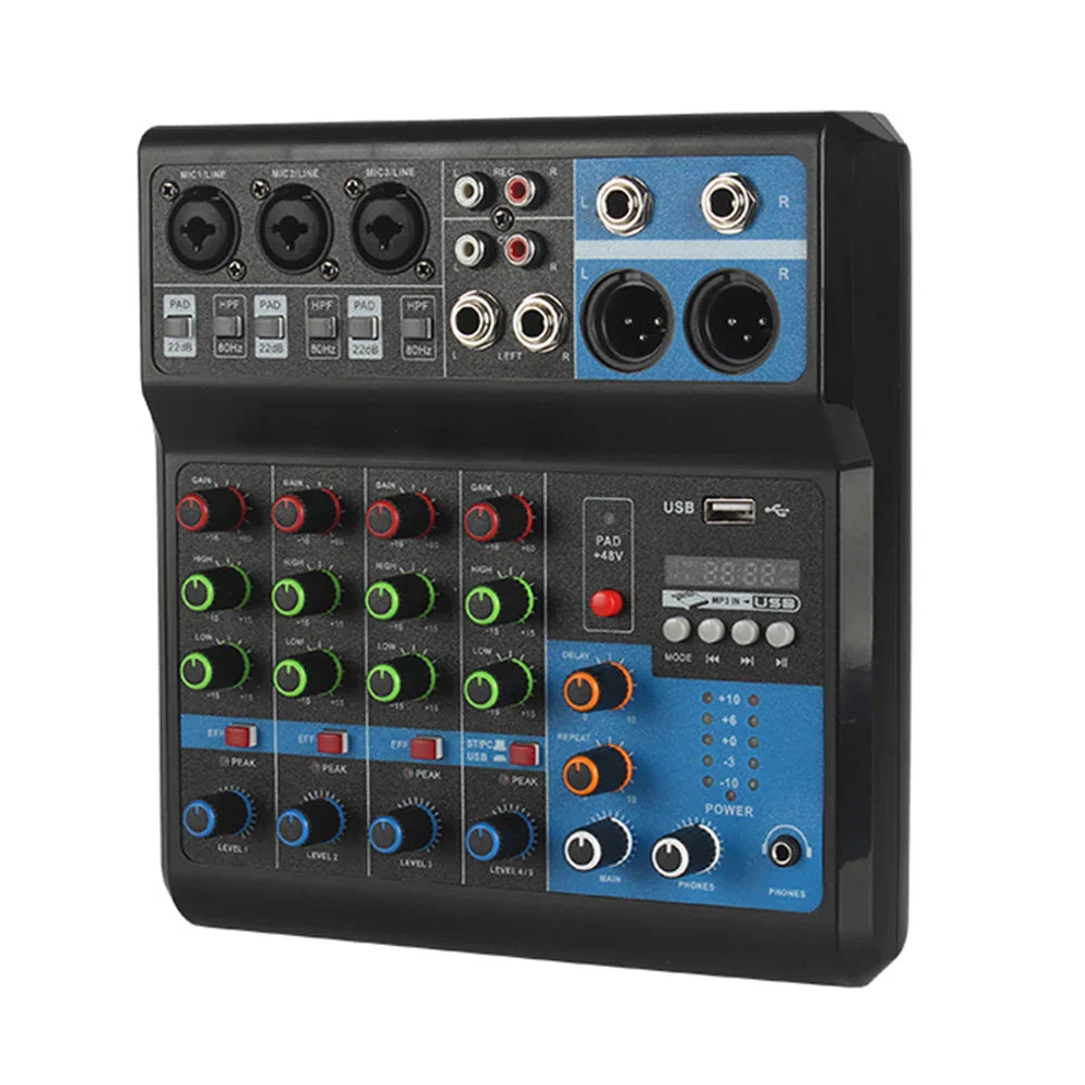Black and blue console mixer professional with red green orange and blue volume knobs for streaming dj audio use