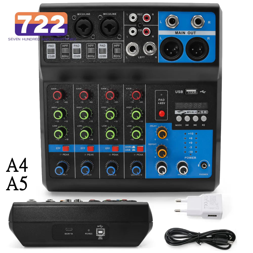 Black and blue hd a4 a5 sound card console mixer professional with multicolor knobs for streaming dj audio channel control