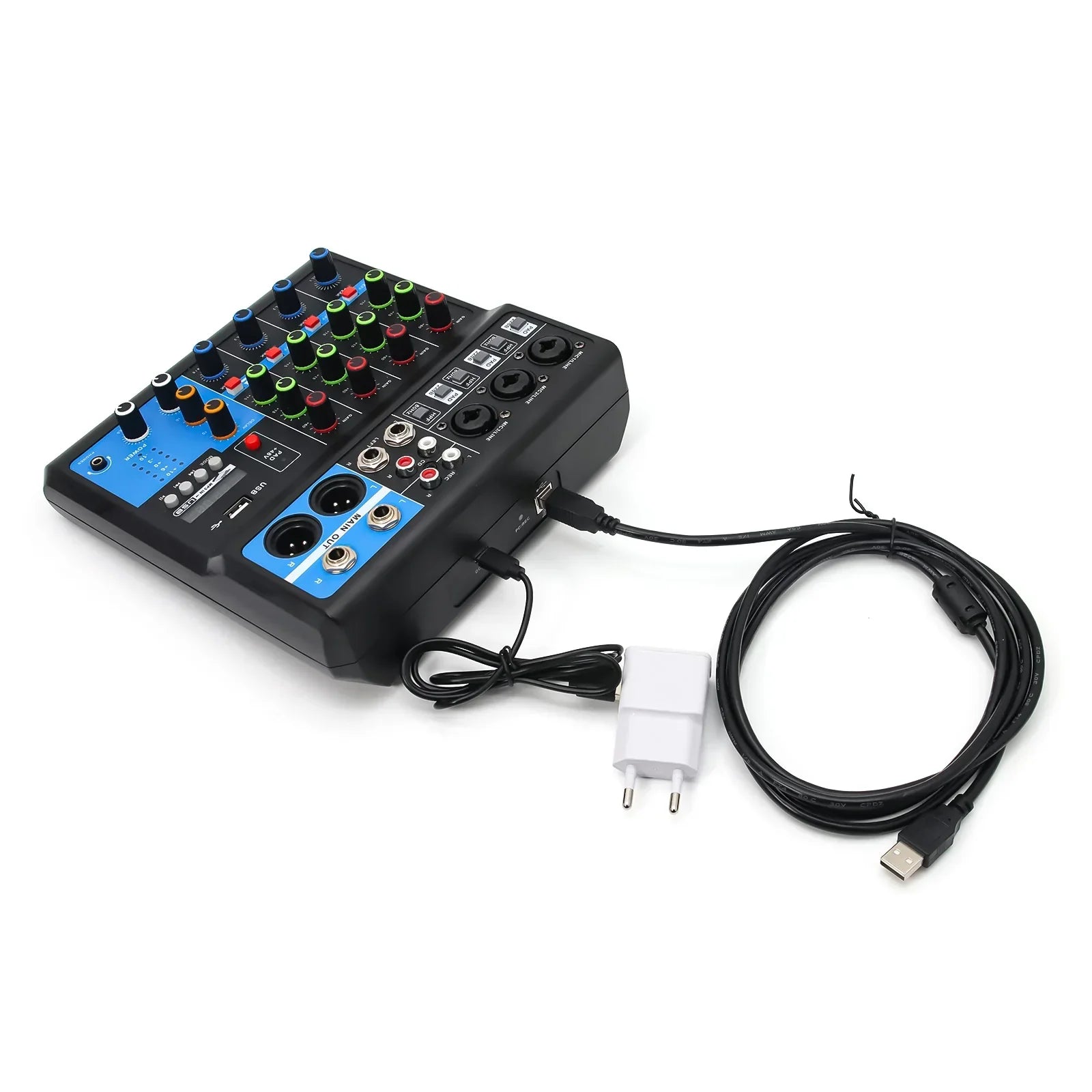 Black and blue 4 channel console mixer professional with colorful knobs usb cable and power adapter for streaming dj audio