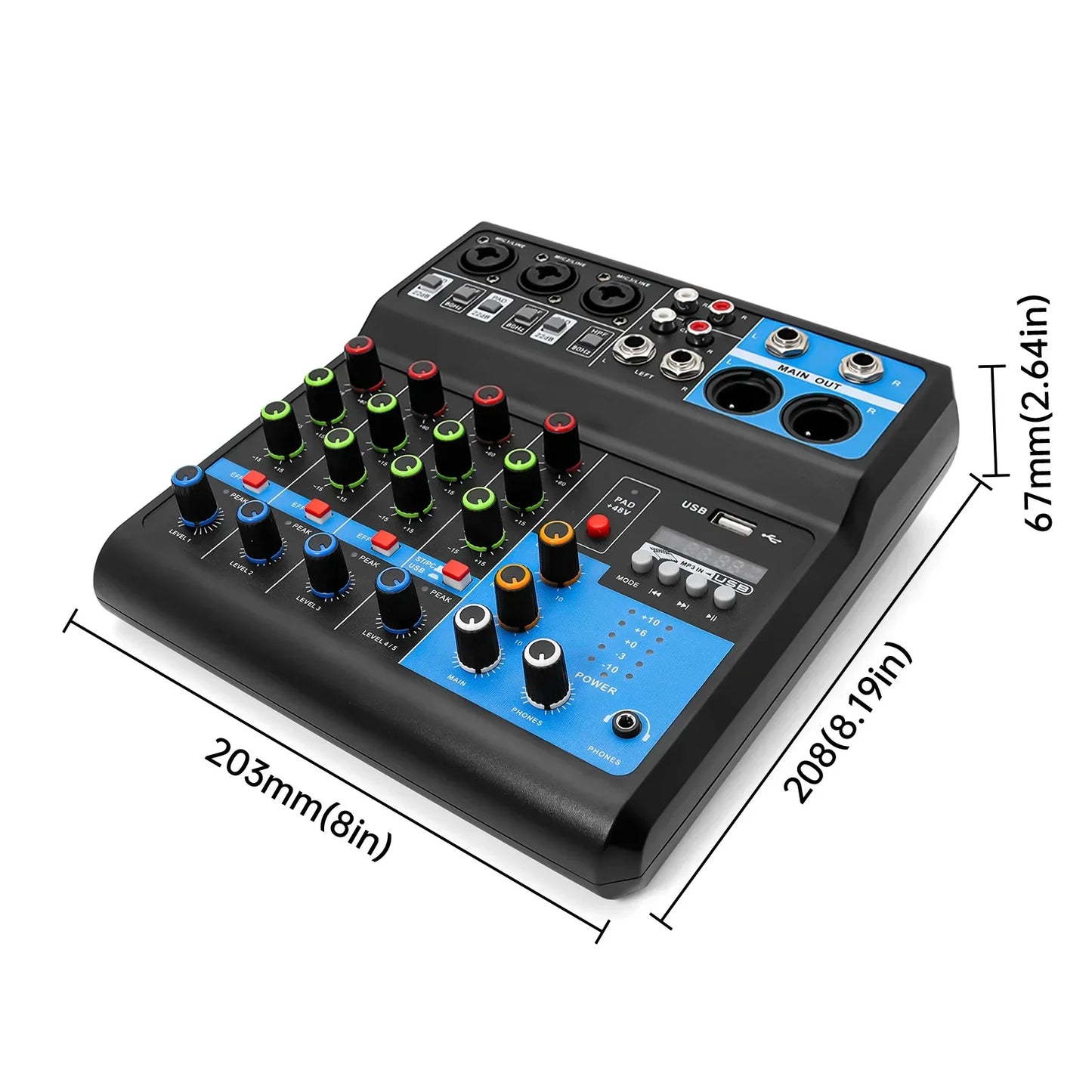 Black and blue 8-channel console mixer professional with colorful knobs and labeled ports for streaming dj audio use