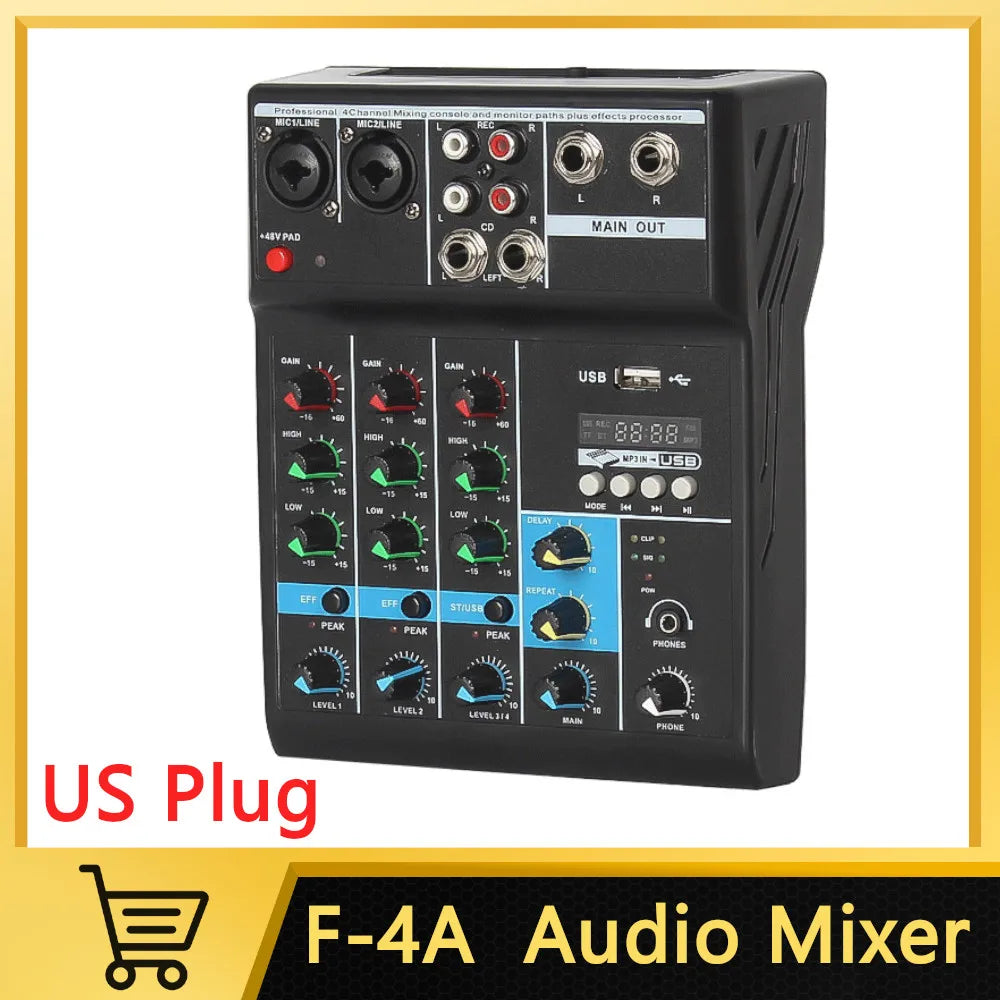 Black f-4a console mixer professional with multiple knobs sliders usb ports for streaming dj audio channel sound mixer
