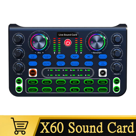 Black x60 sound card with colorful illuminated knobs professional sound cards for karaoke broadcast ktv and live mixing