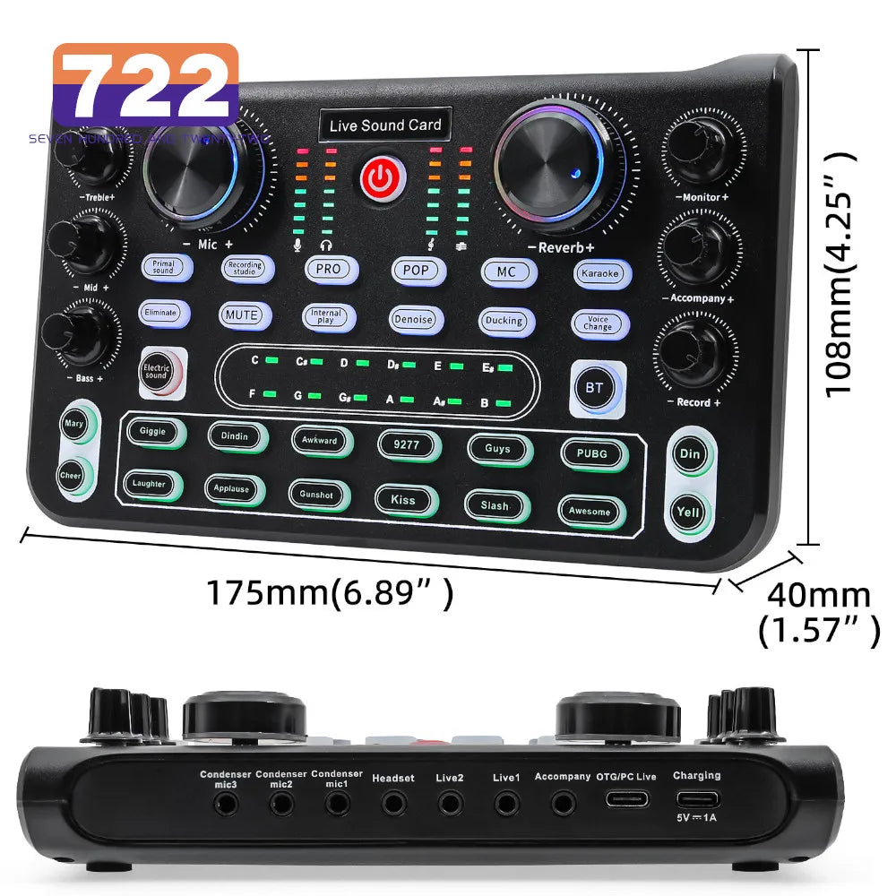 Black 722 x60 sound card with blue green illuminated controls knobs for reverb eq and pubg buttons for karaoke broadcast ktv