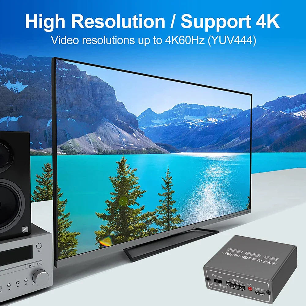 Black hdmi audio embedder box with labeled ports and red power indicator for toslink audio mixer 4k 60hz hdr