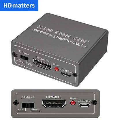 Gray metal hdmi audio embedder back side with toslink audio optical port and labeled hdmi input for mixer 4k 60hz hdr