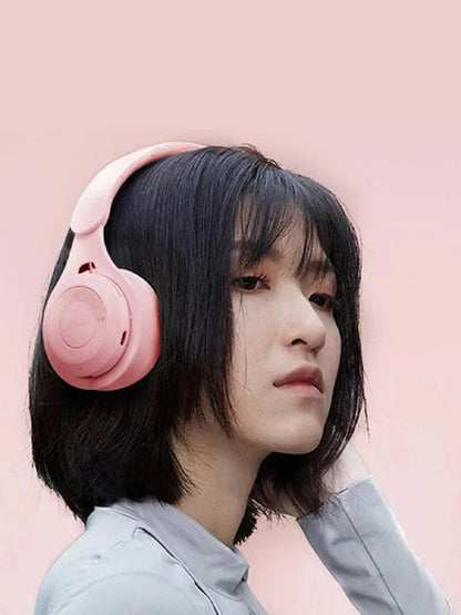 Pink over-ear bluetooth headphones hifi with sound quality seamless delay foldable portable design for gaming and travel