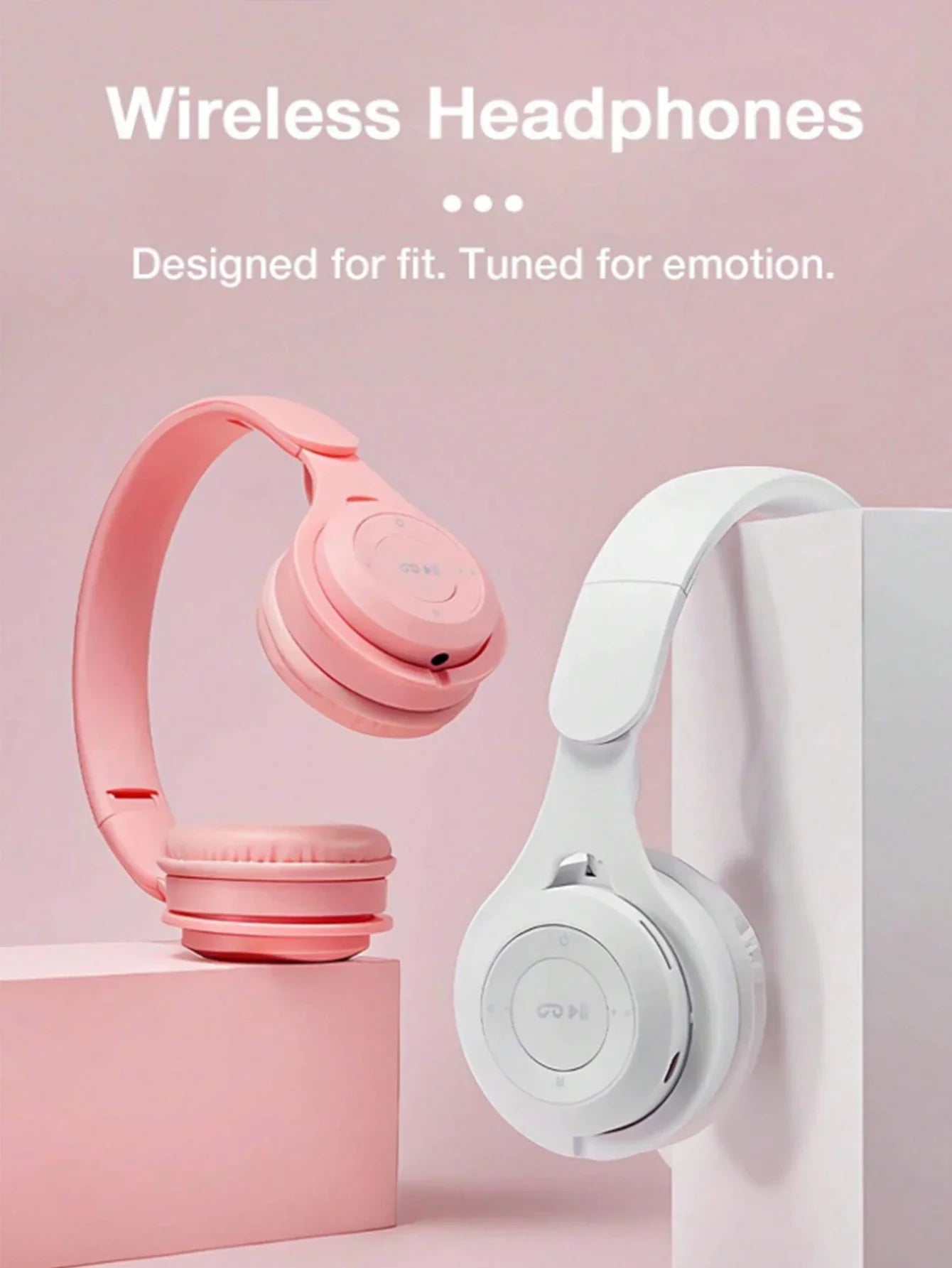 Pink and white bluetooth headphones hifi with soft padded earcups and foldable portable design for seamless sound quality delay