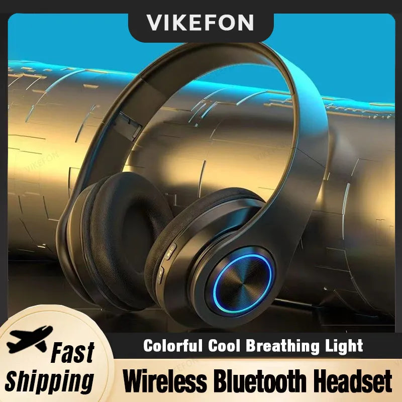 Vikefon wireless gaming headphones blutooth with sleek black design and glowing blue breathing light on earcup with micro phone colourful features