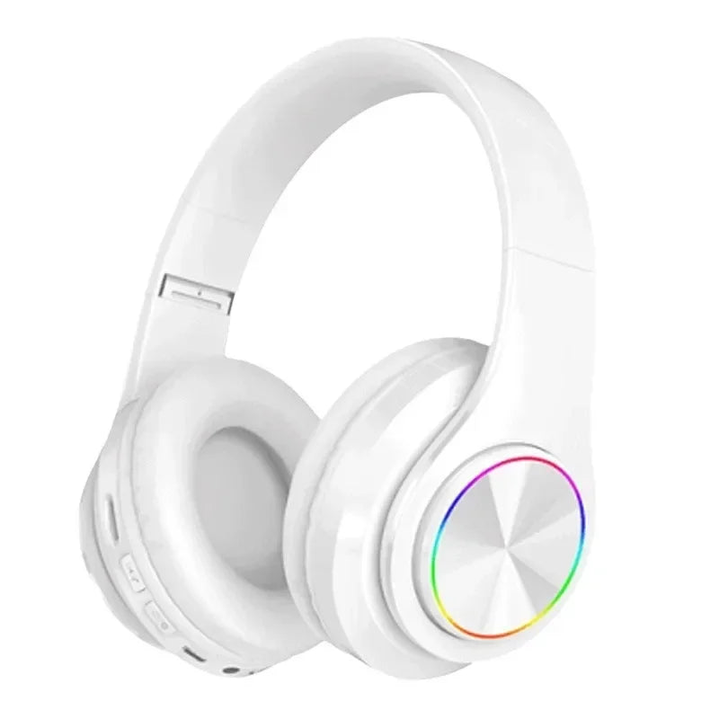 White over-ear head-mounted gaming headphones blutooth with surround sound stereo and micro phone colourful rgb ring
