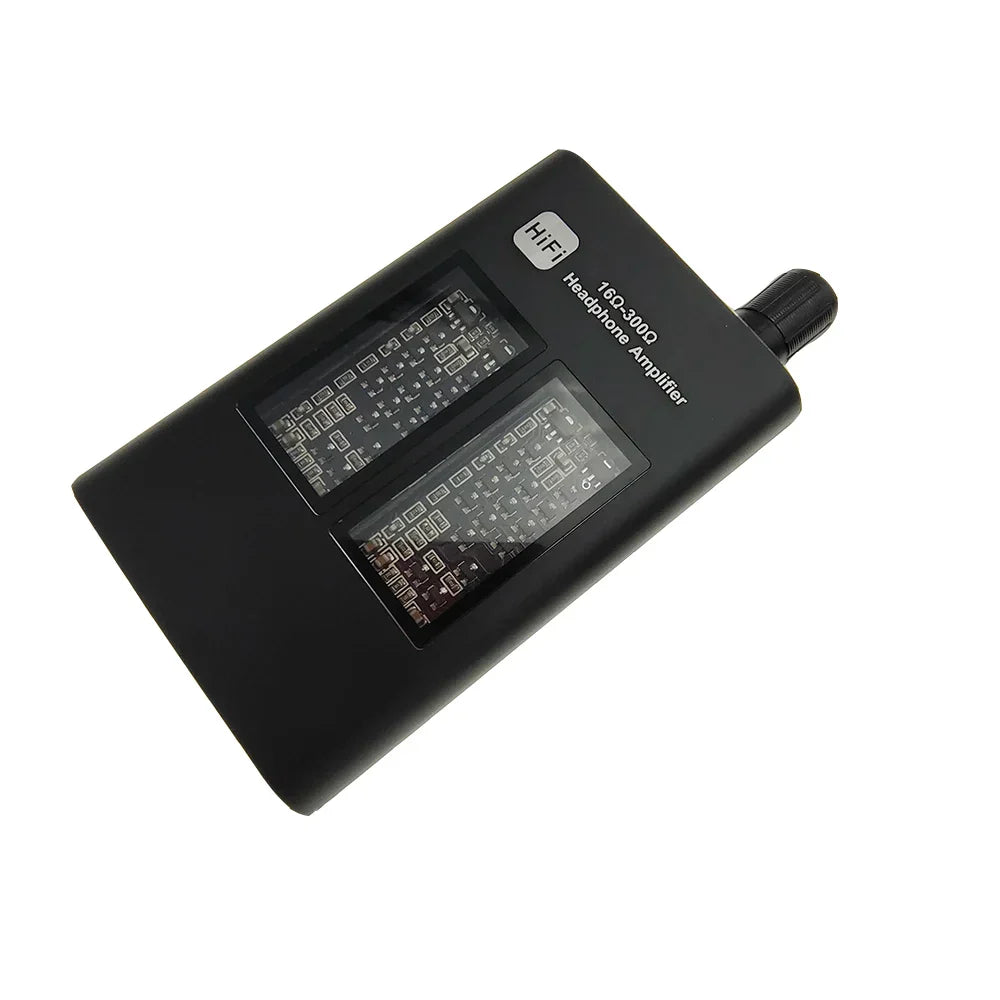 Black rectangular headphone amplifier with transparent circuit windows and textured knob for player earphone adjustable jack aux portable use