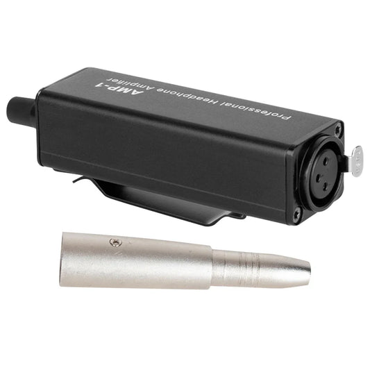 Black rectangular headphone amplifier converter with silver xlr connector and clip mount for stage performance studio use