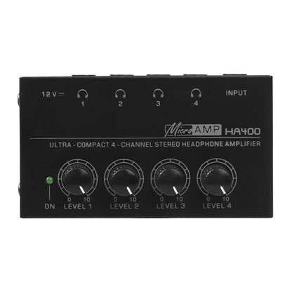 Black micro amp ha400 ultra-compact headphone amplifier with volume control, 35mm jack, four rotary level knobs, green power indicator