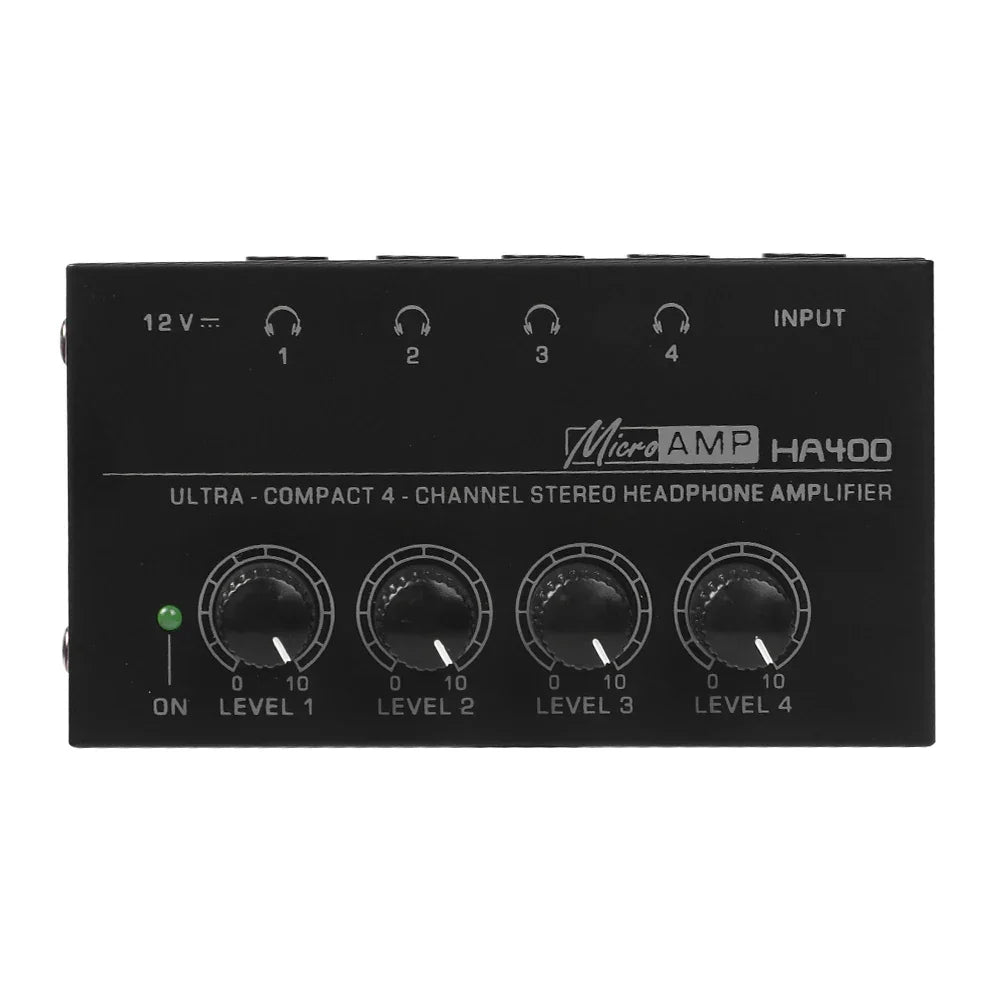 Black micro amp ha400 ultra-compact stereo headphone amplifier with four rotary knobs green power indicator and 35mm jack