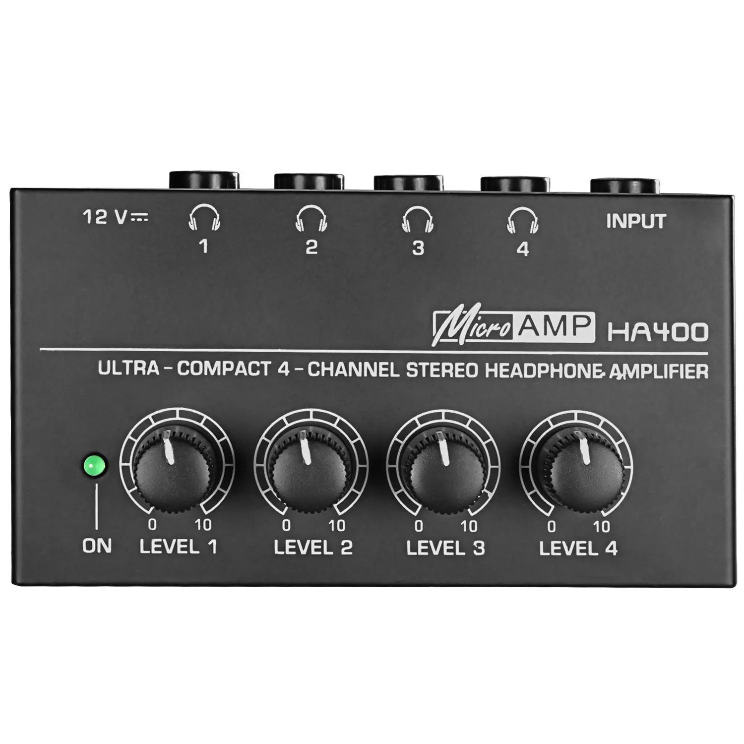 Black microamp ha400 ultra-compact stereo headphone amplifier with four volume knobs and 6.35mm jack inputs
