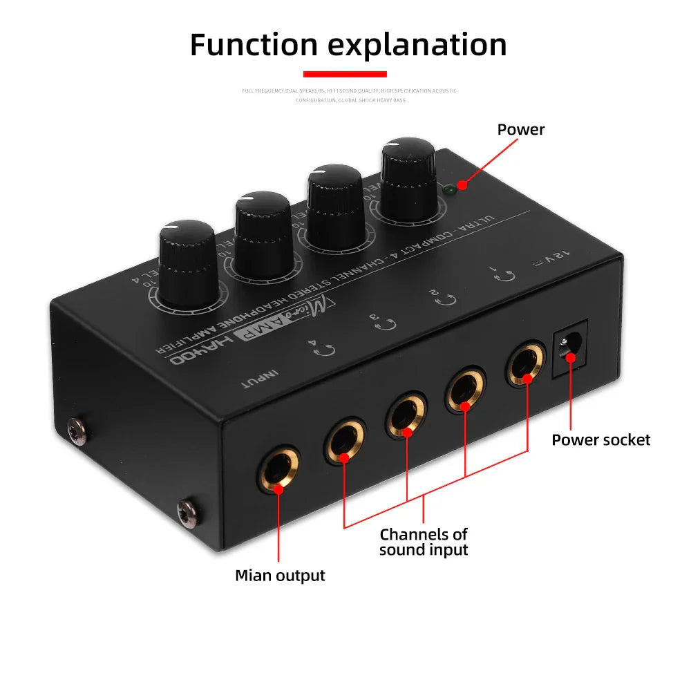 Black rectangular ultra-compact stereo headphone amplifier with four knobs and gold 6.35mm jacks for audio control