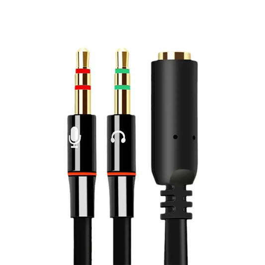 Black audio y splitter cable with gold-plated 3.5mm male headphone mic jacks for microphone audio converter use