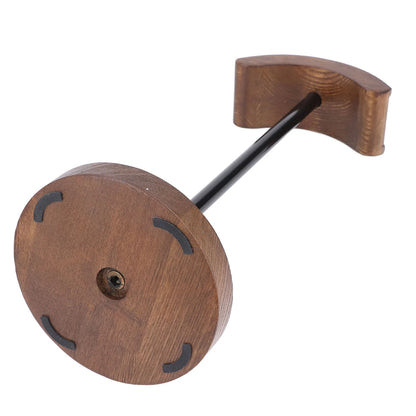 Brown walnut wood gaming headset holder with black metal rod and curved top for westone headsets display rack