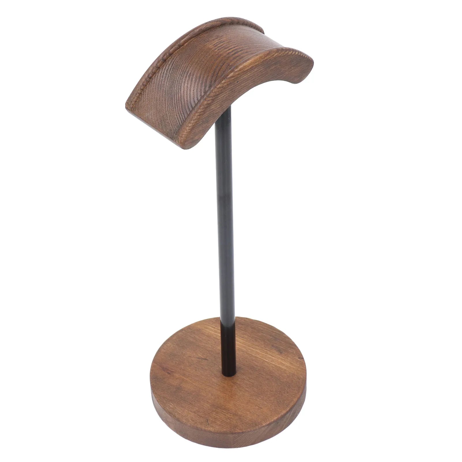 Brown walnut wood gaming headset holder with curved headrest and circular base for westone headsets display