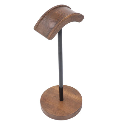 Brown walnut wood gaming headset holder with curved headrest and circular base for westone headsets display rack