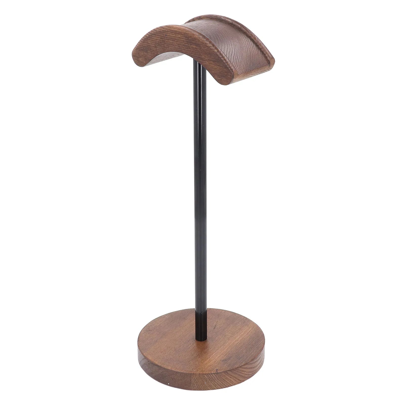Brown wooden headphone stand with curved top and black metal pole gaming headset holder for westone headsets