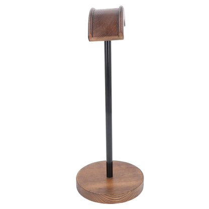 Brown walnut wood headphone stand with sleek black metal pole for gaming headset holder and westone headsets display