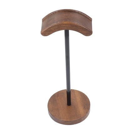 Wooden headphone stand with curved dark brown walnut wood headrest and base gaming headset holder for westone headsets