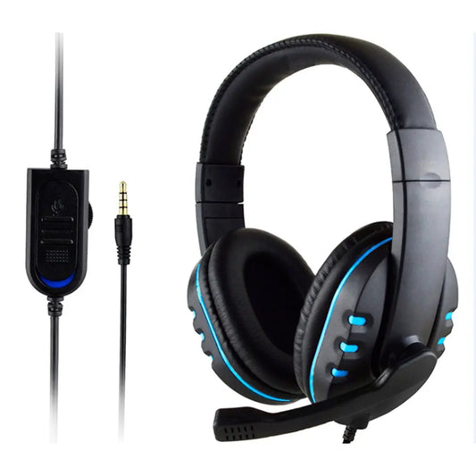 Black over-ear wired gaming headset earphones with blue led accents and detachable microphone for game pc chat and ps4