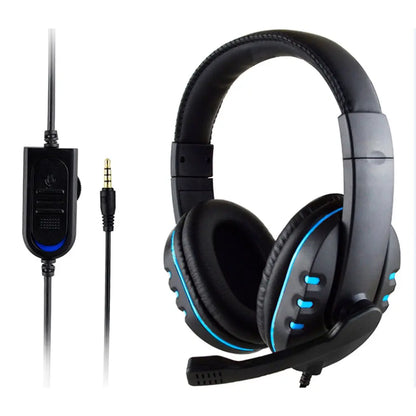 Black over-ear wired gaming headset with blue led accents and detachable microphone for game pc chat use