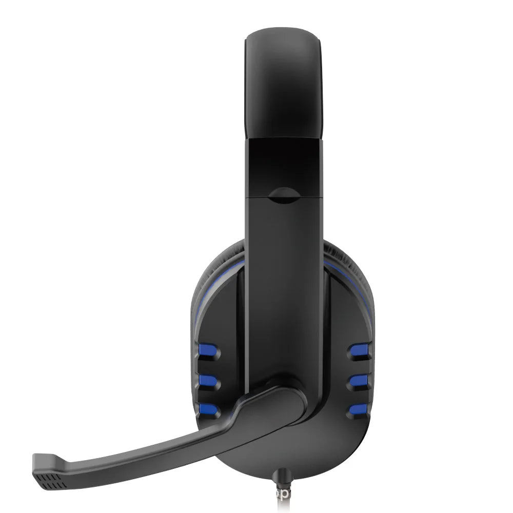 Black wired gaming headset with blue accent lighting and flexible microphone arm for game pc chat and ps4 use