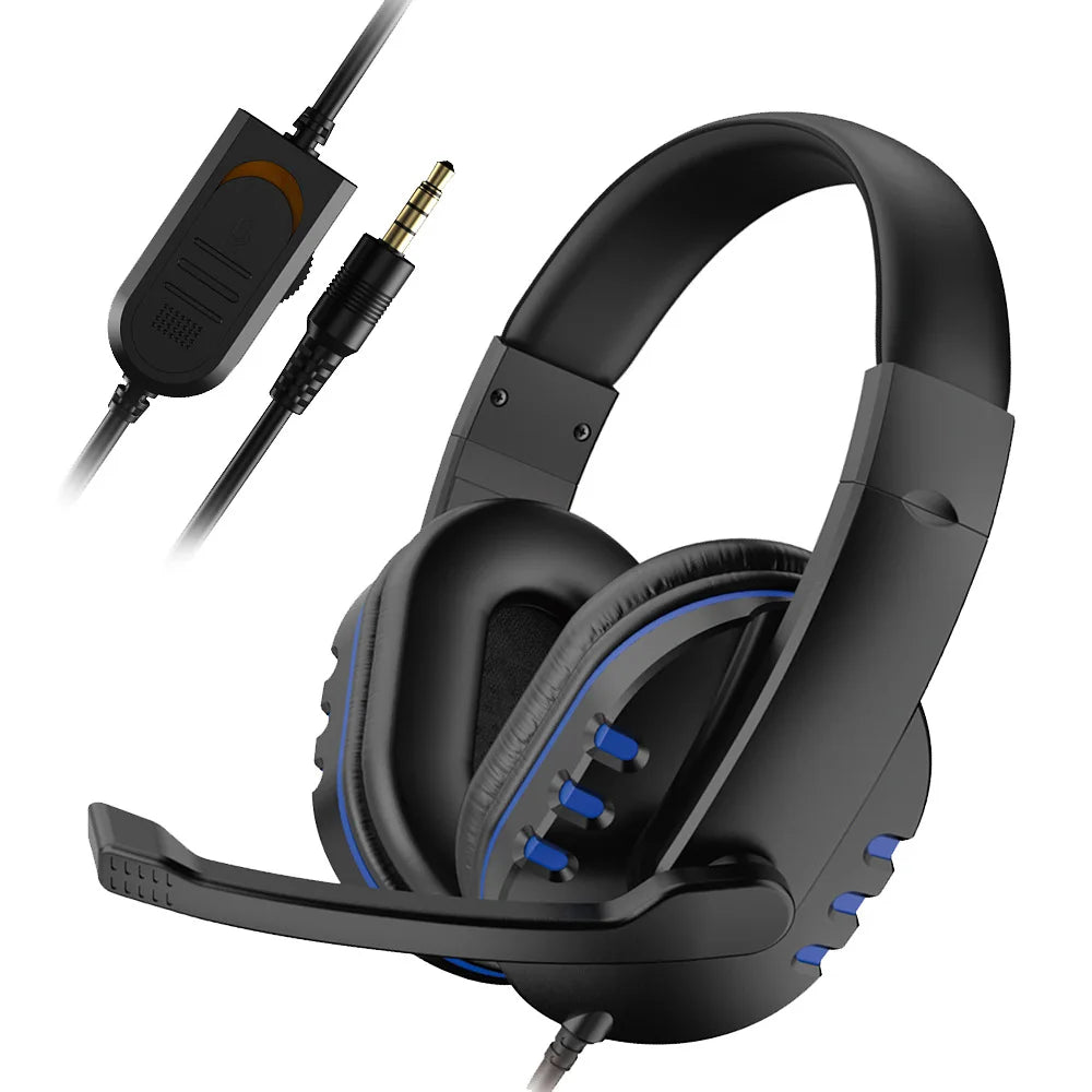Black wired gaming headset with blue accent lighting and detachable microphone for game pc chat and ps4 use